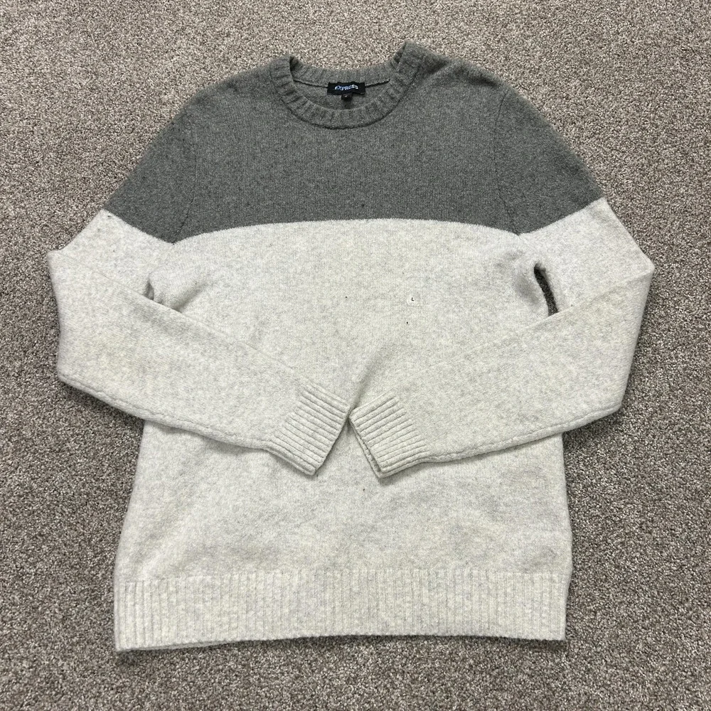 Express Sweater Mens Medium Gray Colorblock Knit Crewneck Pullover Casual